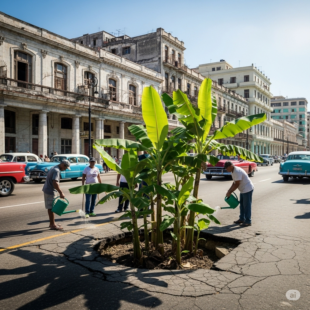 Havana Pothole Becomes Banana Plantation